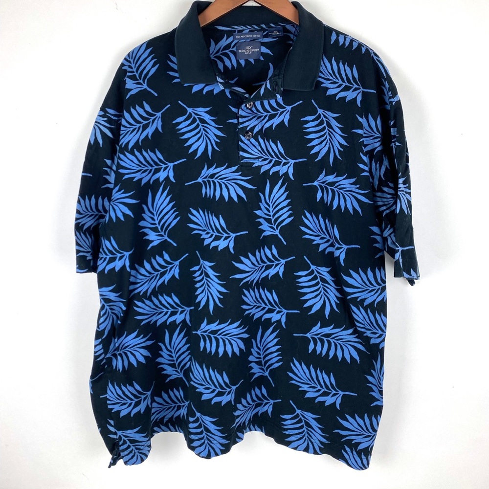 Dockers Golf Men’s Polo Shirt Black and Blue Leaves XL